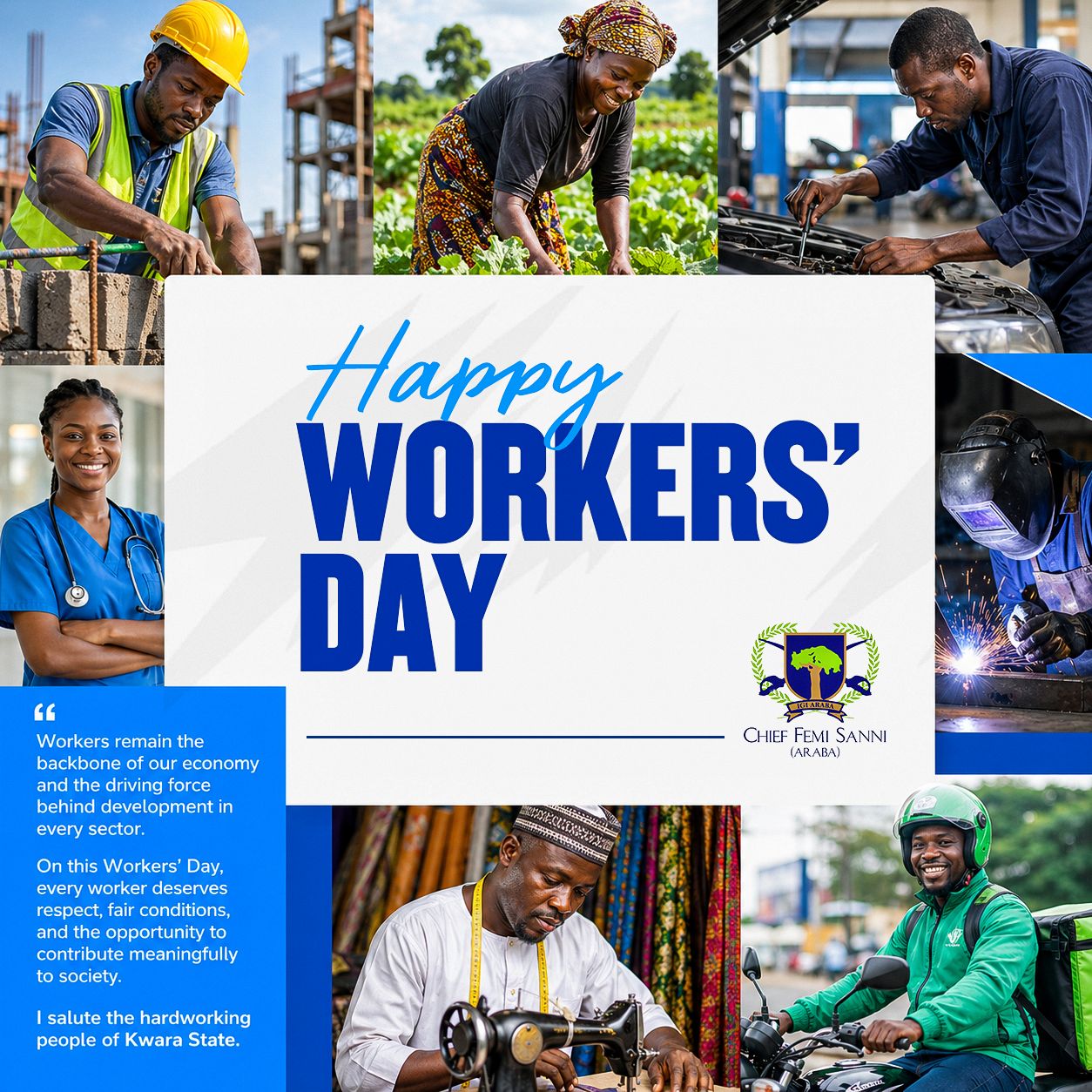 You are currently viewing WORKERS’ DAY: ARABA FEMI SANNI COMMENDS KWARA WORKERS, CALLS FOR STRONGER SUPPORT FOR LABOUR