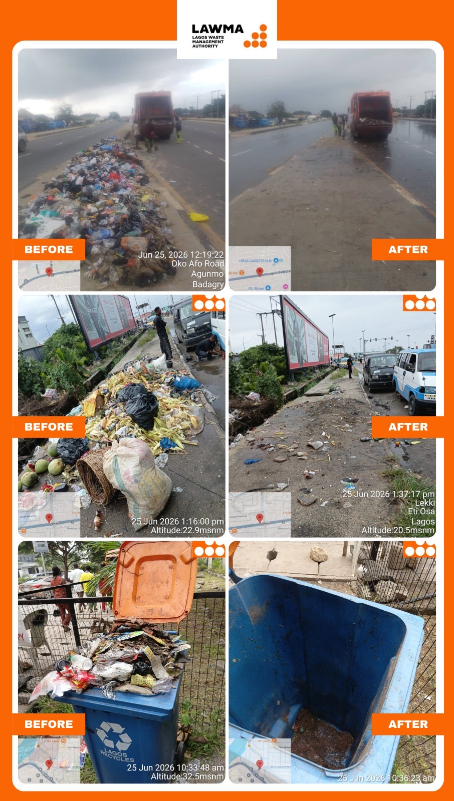 You are currently viewing PICTURES: LAWMA Clears Multiple Blackspots Across Badagry, Ikeja, Maryland, and Lekki Corridors in Sustained Sanitation Drive